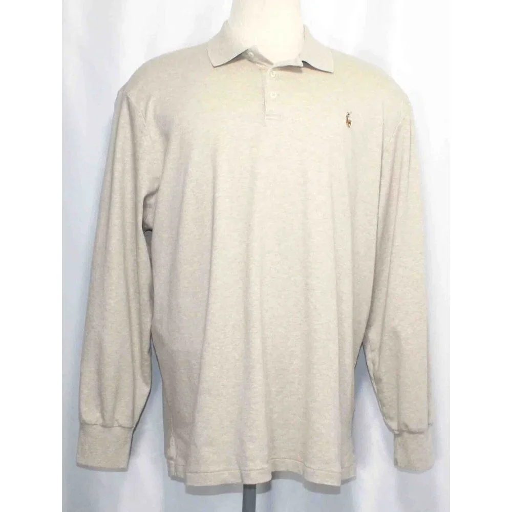 Polo Ralph Lauren Beige‎ Classic Fit Cotton Long Sleeve Polo Shirt Mens Size XXL